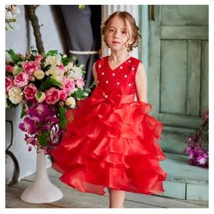Red Floral Lace Tiered Tulle Ruffled Formal Sleeveless Dress Size 140 / 7